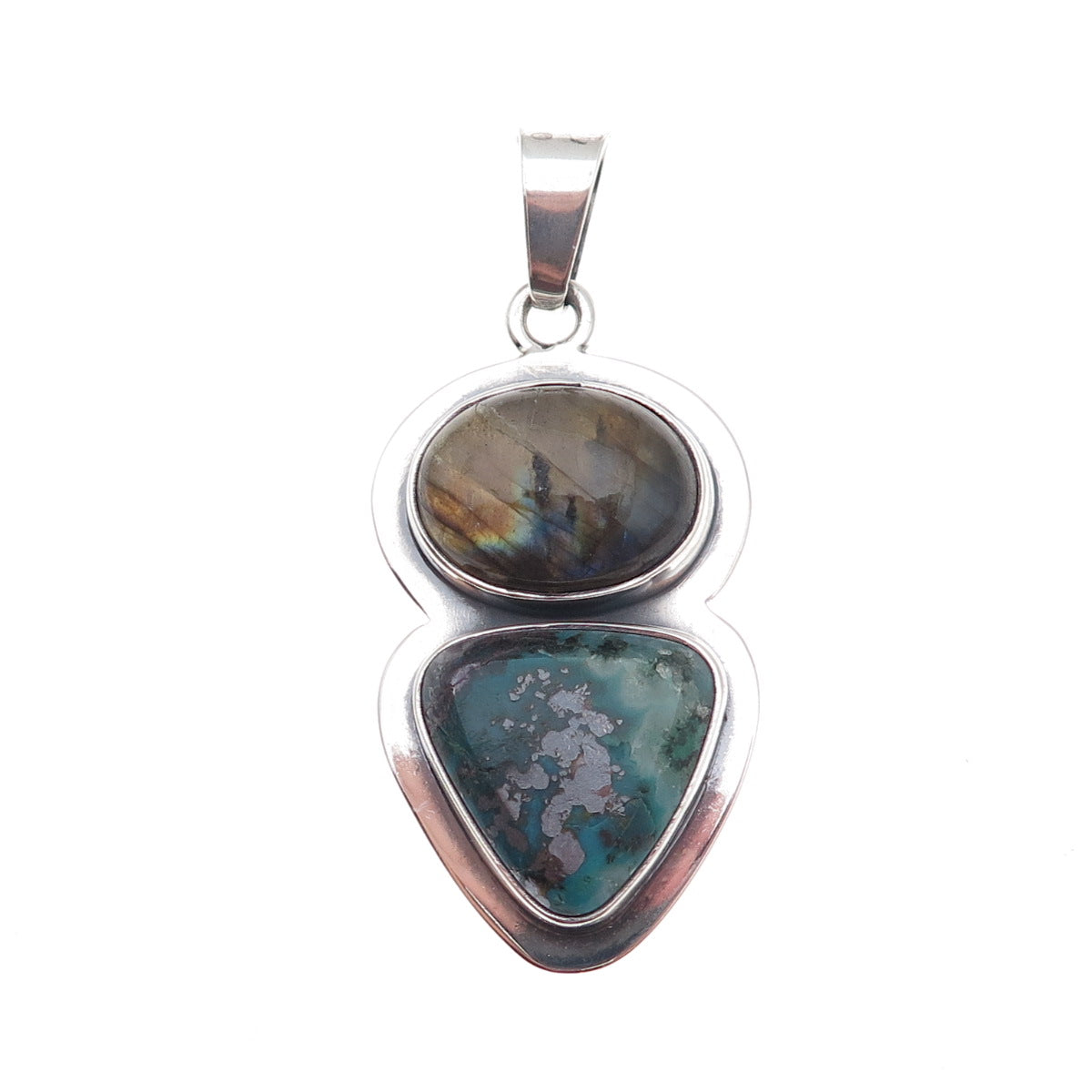 925 Sterling Silver Vintage Real Labradorite & Agate Modernist Oxidized Pendant