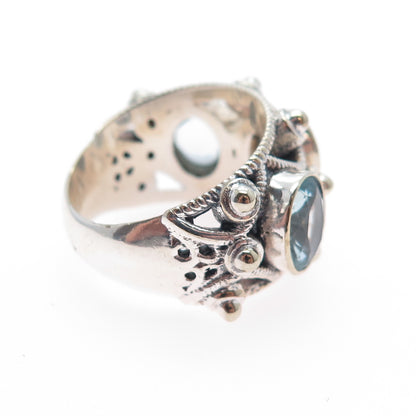 925 Sterling Silver Vintage Real Blue Topaz Modernist Oxidized Ring Size 6.5
