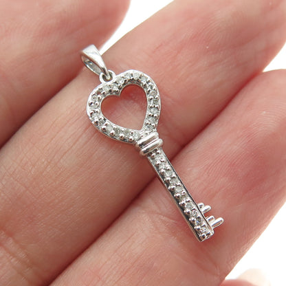 925 Sterling Silver Real Round-Cut Diamond Heart Key Minimalist Charm Pendant