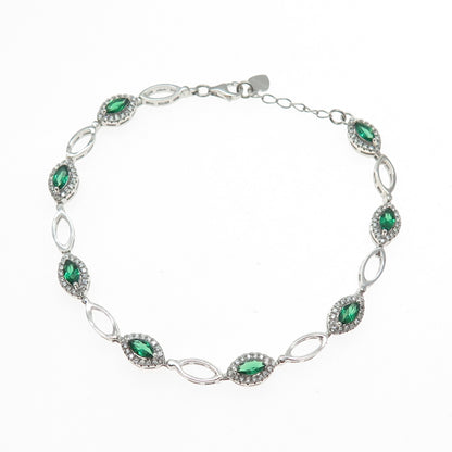 925 Sterling Real Marquise-Cut Chrome Diopside & Round-Cut C Z Bracelet 7-8"