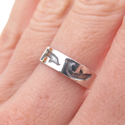 925 Sterling Silver Vintage Dolphin Oxidized Band Ring Size 6.75