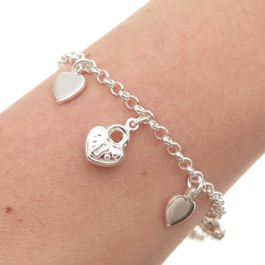 925 Sterling Silver Vintage Heart Lock Dangle Charm Rolo Link Bracelet 7"