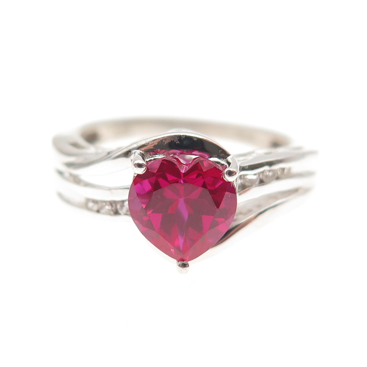 Chuck Clemency 925 Sterling Lab-Created Ruby & White Topaz Heart Ring Size 6.75