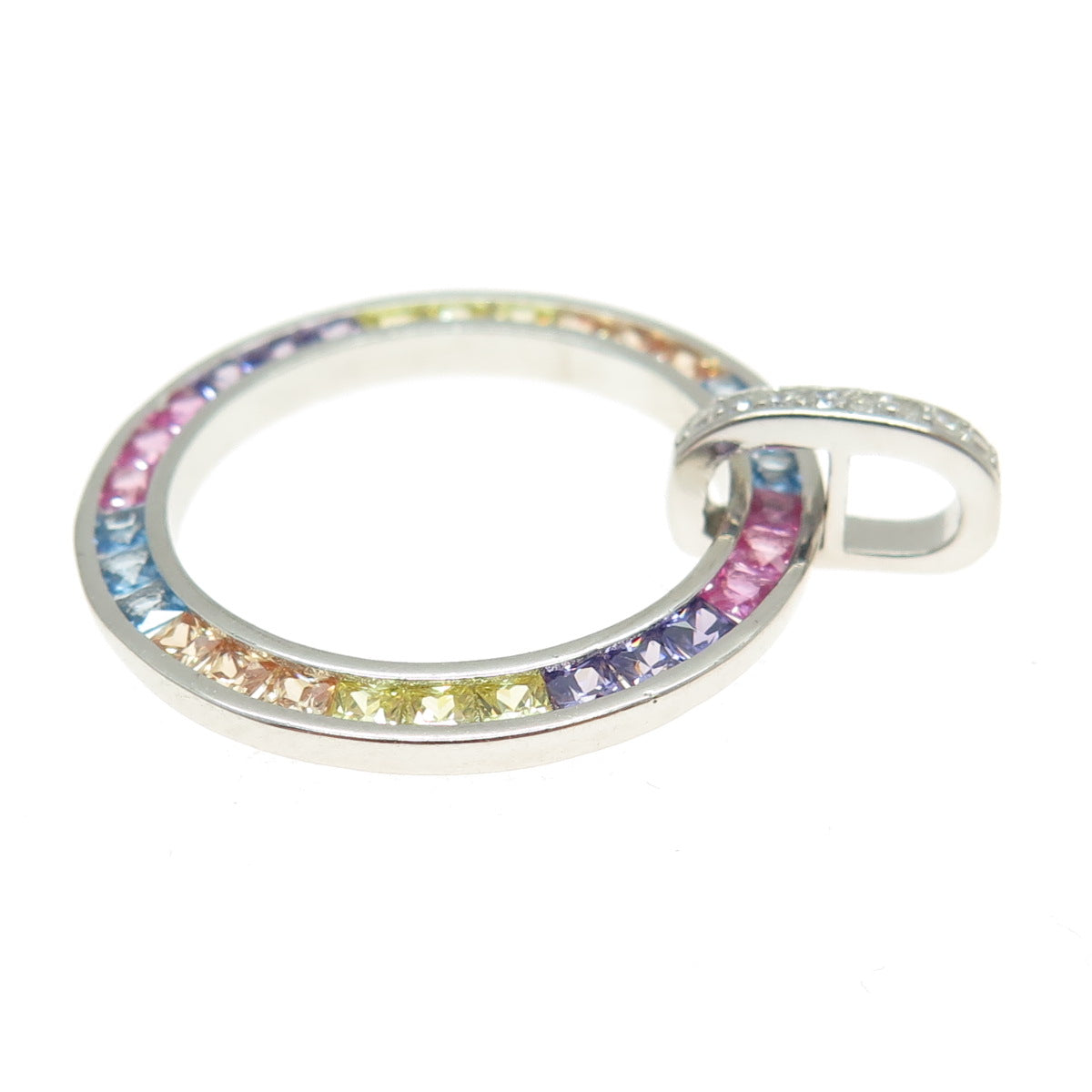 925 Sterling Silver Multi-Color C Z Rainbow Circle of Life Pendant