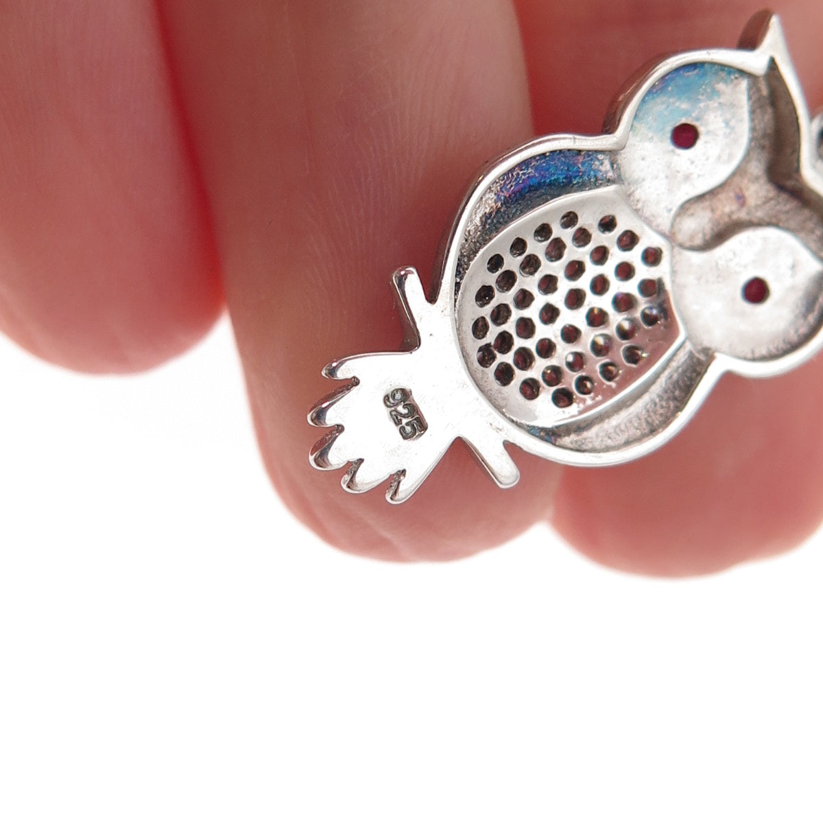 925 Sterling Silver Lab-Created Ruby & C Z Wise Owl Bird Charm Pendant