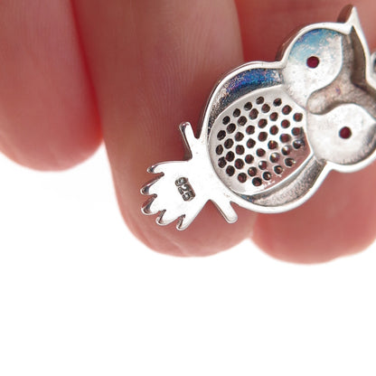 925 Sterling Silver Lab-Created Ruby & C Z Wise Owl Bird Charm Pendant
