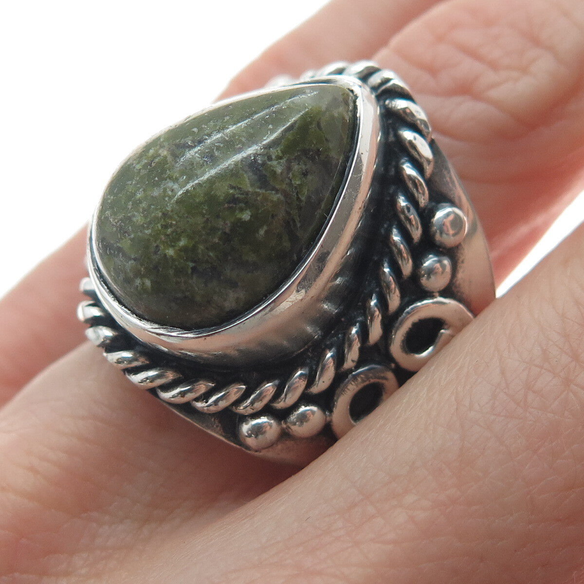 925 Sterling Silver Vintage Real Pear-Cut Unakite Heart Oxidized Ring Size 8.5