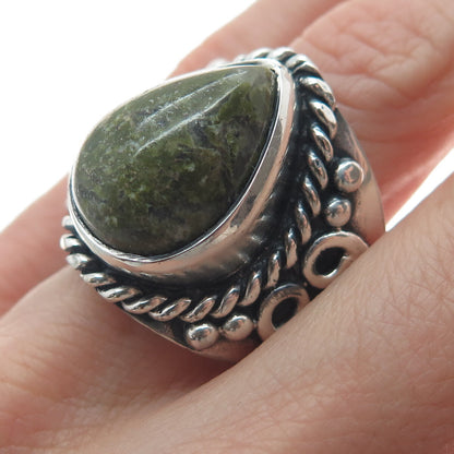 925 Sterling Silver Vintage Real Pear-Cut Unakite Heart Oxidized Ring Size 8.5