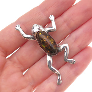 925 Sterling Silver Vintage Real Amber Good Luck Oxidized Pin Brooch