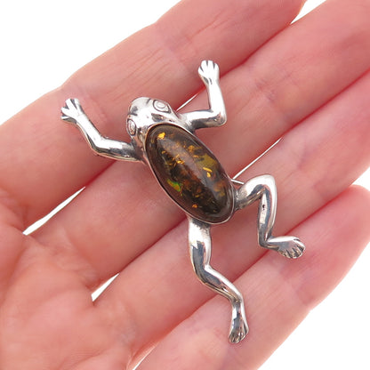 925 Sterling Silver Vintage Real Amber Good Luck Oxidized Pin Brooch
