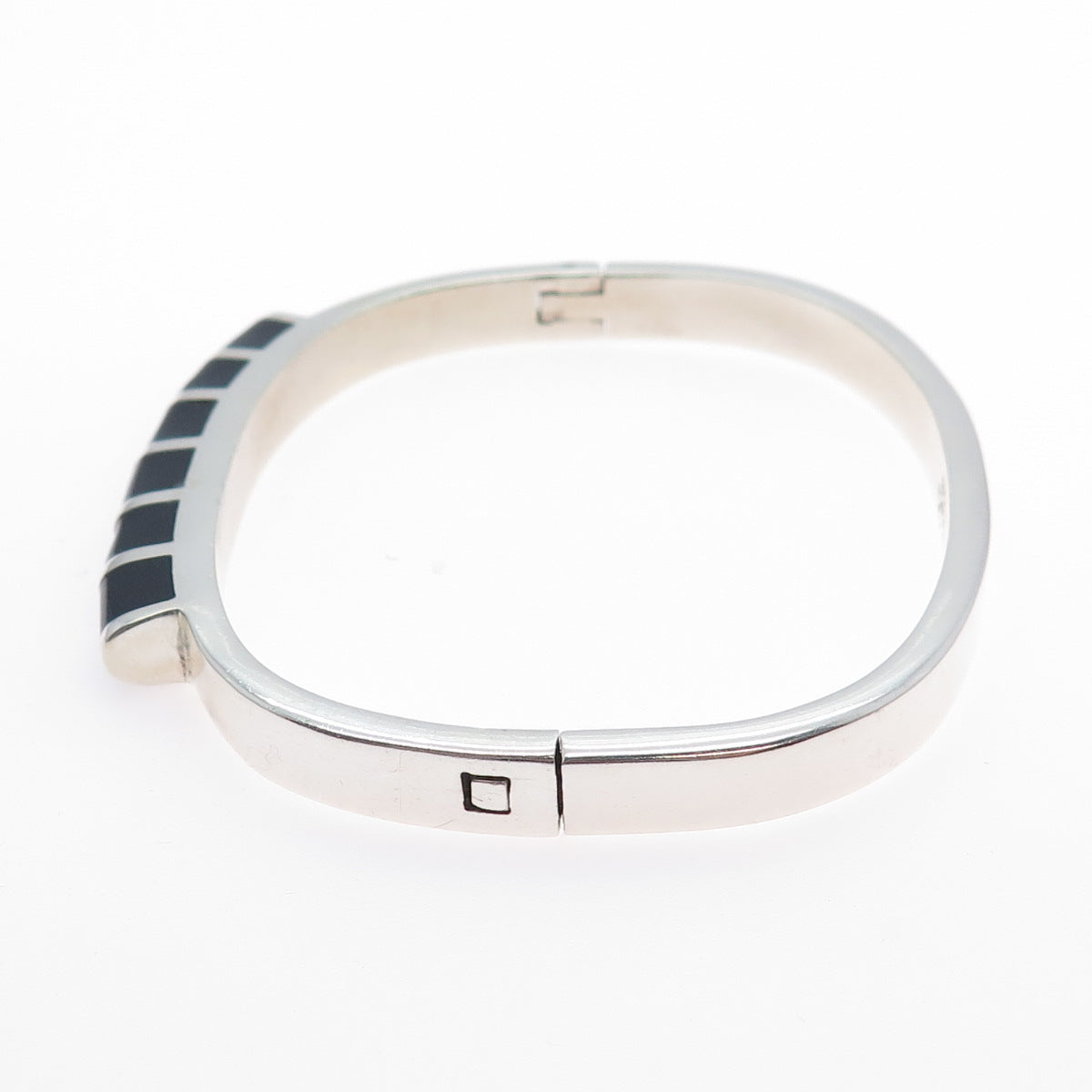 925 Sterling Silver Vintage Mexico Real Black Onyx Modernist Bangle Bracelet 7"