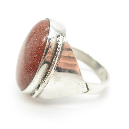 925 Sterling Silver Antique Art Deco Real Goldstone Gem Ring Size 7.75