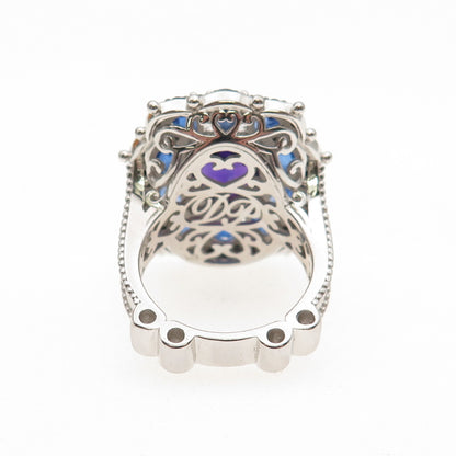 925 Sterling Silver Real Sapphire Amethyst & Black Spinel Cluster Ring Size 7