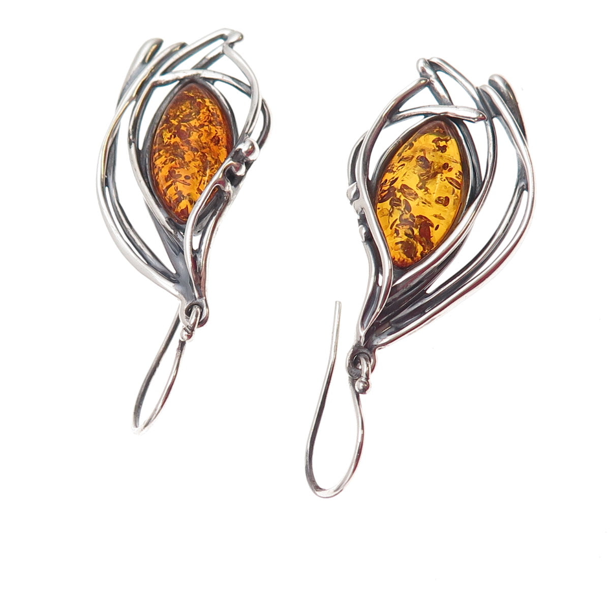Hagit Gorali Sterling Silver Vintage Israel Real Amber Modernist Dangle Earrings