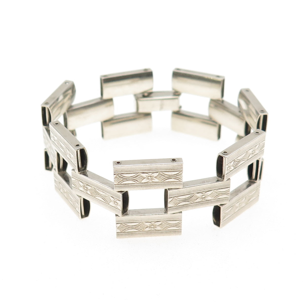925 Sterling Silver Antique Art Deco Engraved Floral Panel Link Bracelet 6"