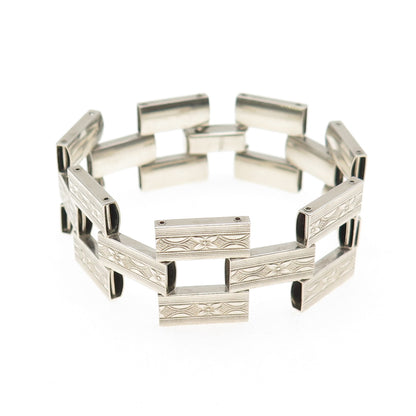925 Sterling Silver Antique Art Deco Engraved Floral Panel Link Bracelet 6"