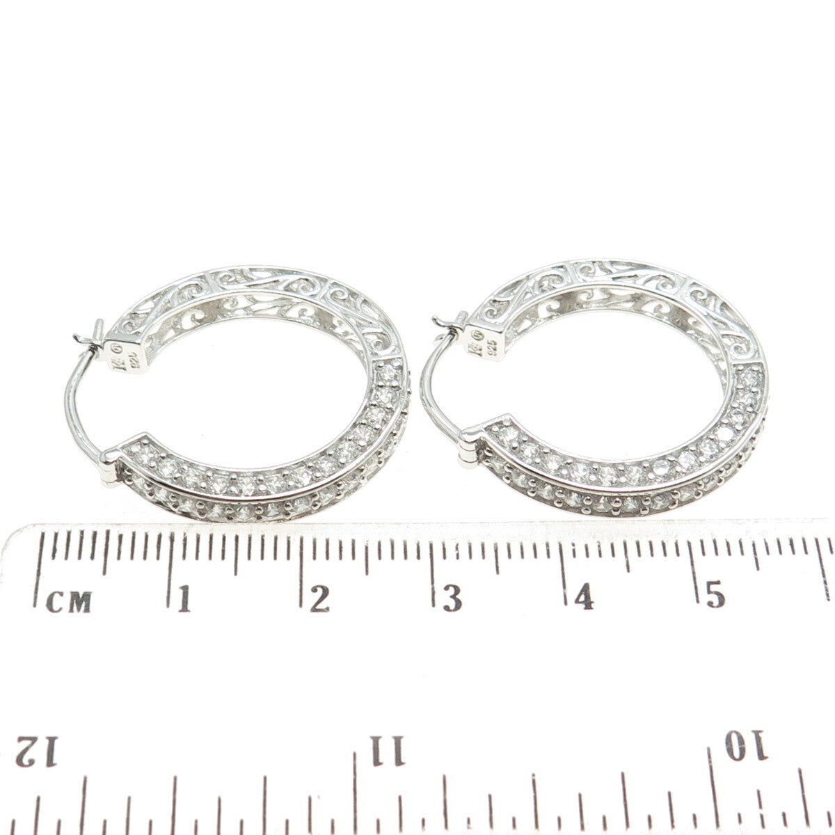 925 Sterling Silver Round-Cut C Z Ornate Hoop Earrings