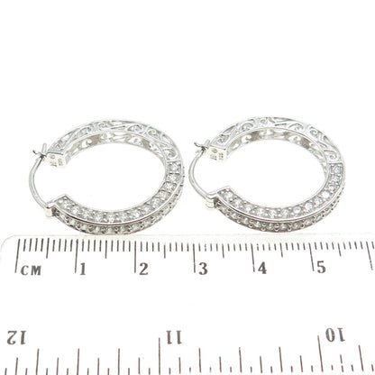 925 Sterling Silver Round-Cut C Z Ornate Hoop Earrings