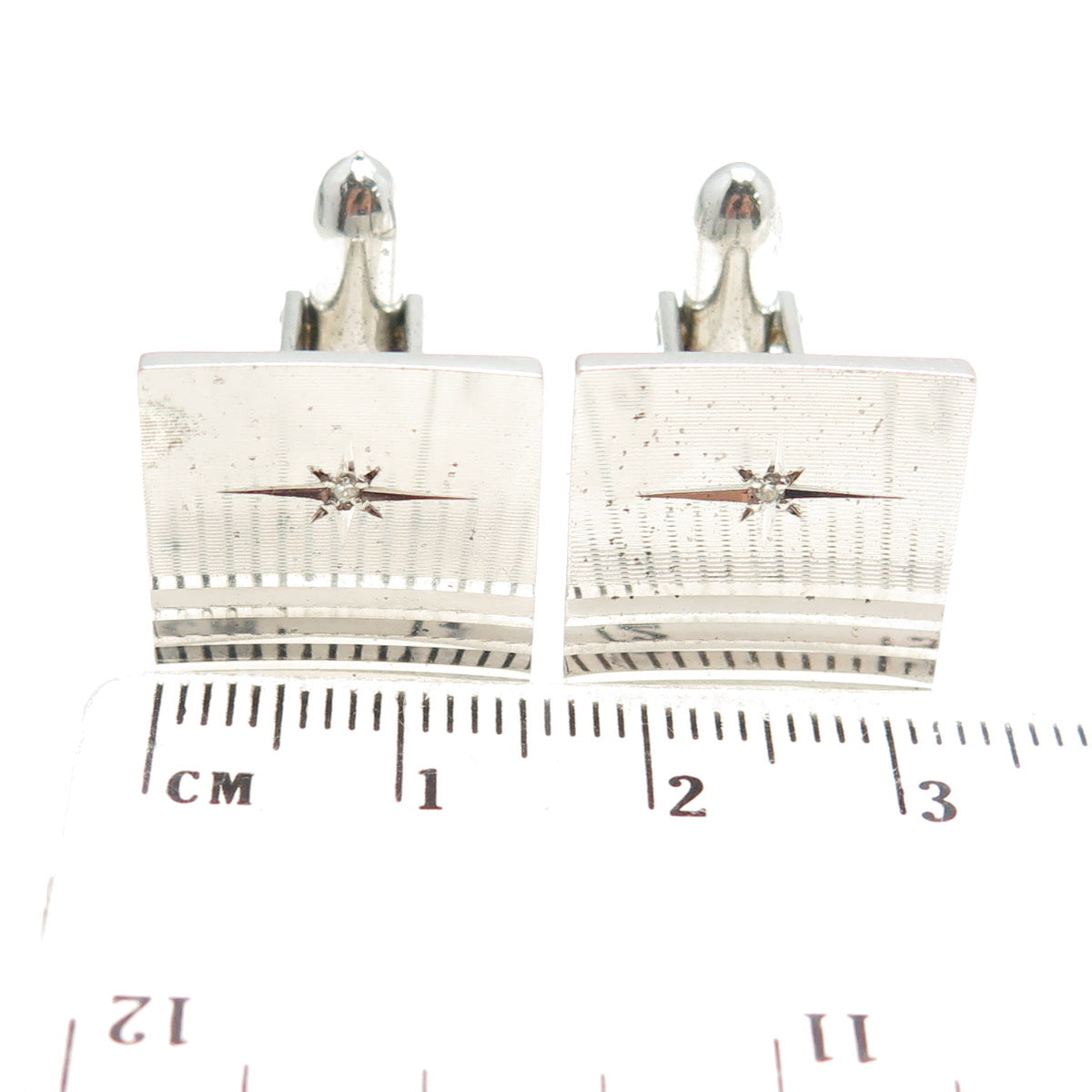 LAMODE 925 Sterling Silver Vintage Real White Diamond Striped Cufflinks