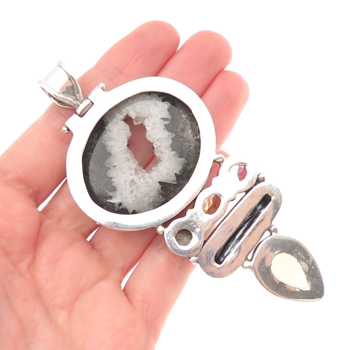 925 Sterling Vintage Agate Pearl Amethyst Citrine & Smoky Quartz Large Pendant