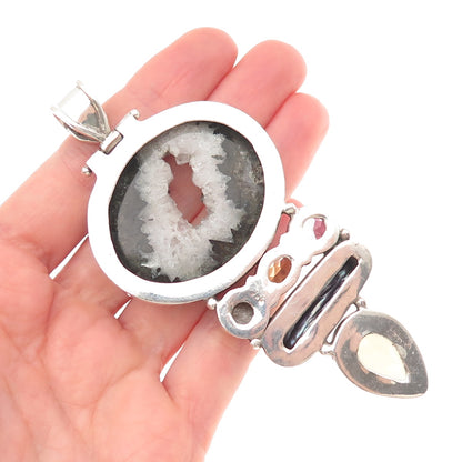 925 Sterling Vintage Agate Pearl Amethyst Citrine & Smoky Quartz Large Pendant