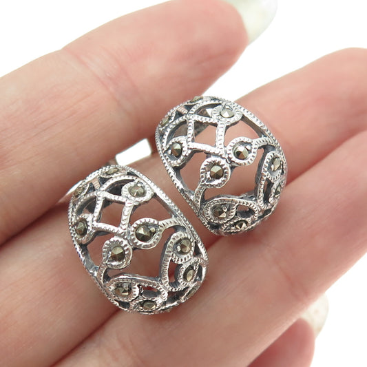 925 Sterling Silver Vintage Real Marcasite Ornate Half Hoop Earrings