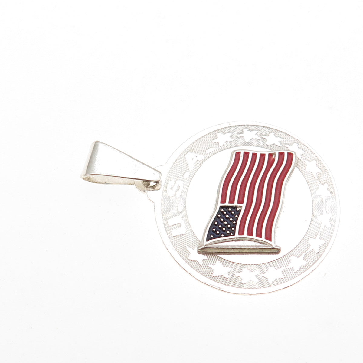 925 Sterling Silver Vintage Enamel USA Flag Round Tag Charm Pendant