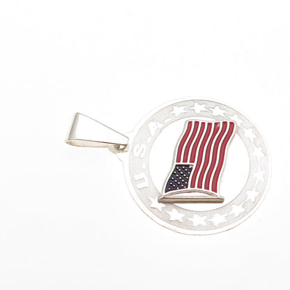 925 Sterling Silver Vintage Enamel USA Flag Round Tag Charm Pendant