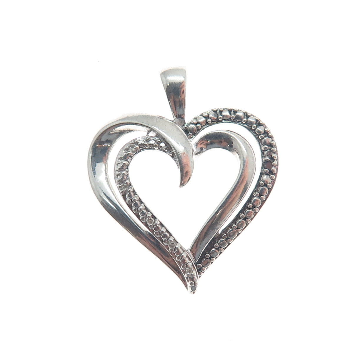SUN 925 Sterling Silver Real Diamond Accent Double Heart Minimalist Pendant