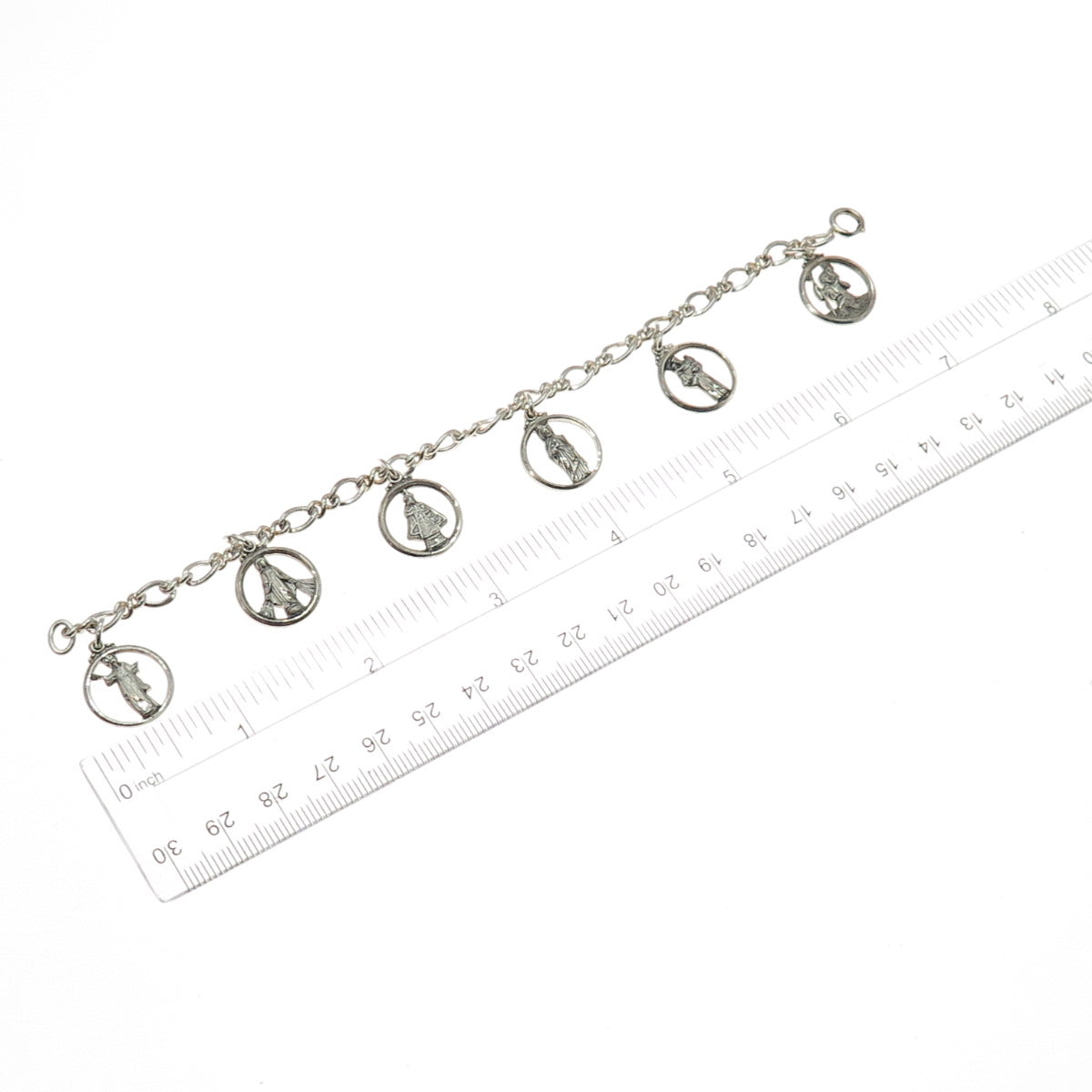 CREED 925 Sterling Silver Antique Art Deco Religious Charms Bracelet 6.5"