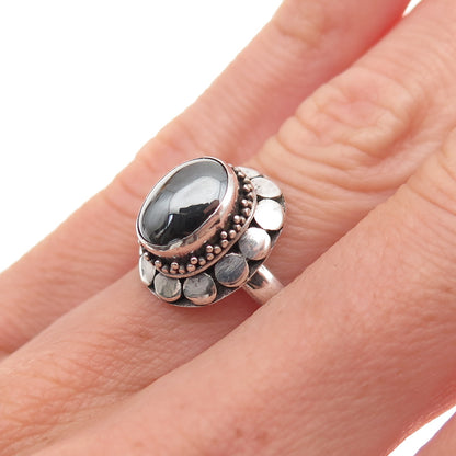 925 Sterling Silver Vintage Real Hematite Dotted Oxidized Ring Size 5.75