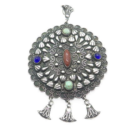 800 Silver Vintage Egypt Real Sunstone Turquoise & Glass Oxidized Ethnic Pendant