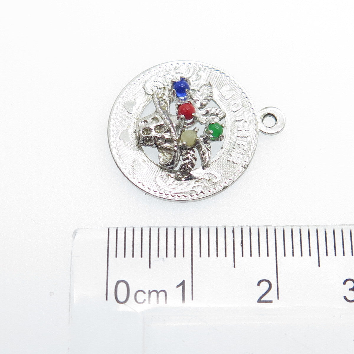 925 Sterling Silver Vintage M&M Multi-Glass "Mother" Round Tag Charm Pendant