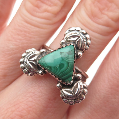 925 Sterling Silver Vintage Real Malachite Modernist Triangle Ring Size 6.75