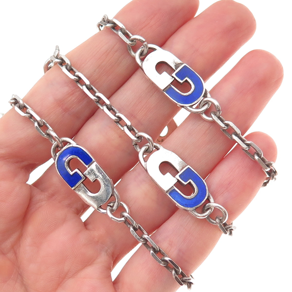 Gucci 925 Sterling Silver Vintage Italy Enamel Interlocking G Chain Necklace 32"