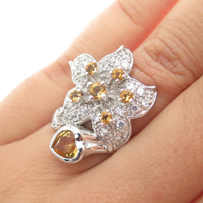 925 Sterling Silver Real Heart Round-Cut Citrine & C Z Lily Ring Size 5.75