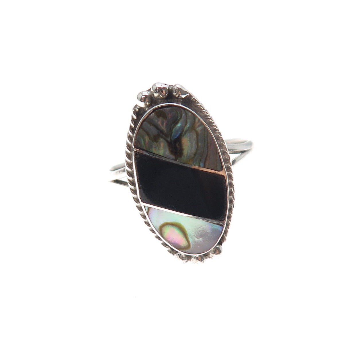 925 Sterling Silver Vintage Mexico Real Black Onyx Abalone Shell Ring Size 8.75