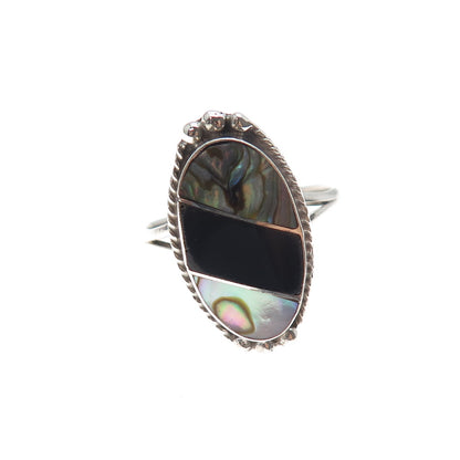 925 Sterling Silver Vintage Mexico Real Black Onyx Abalone Shell Ring Size 8.75