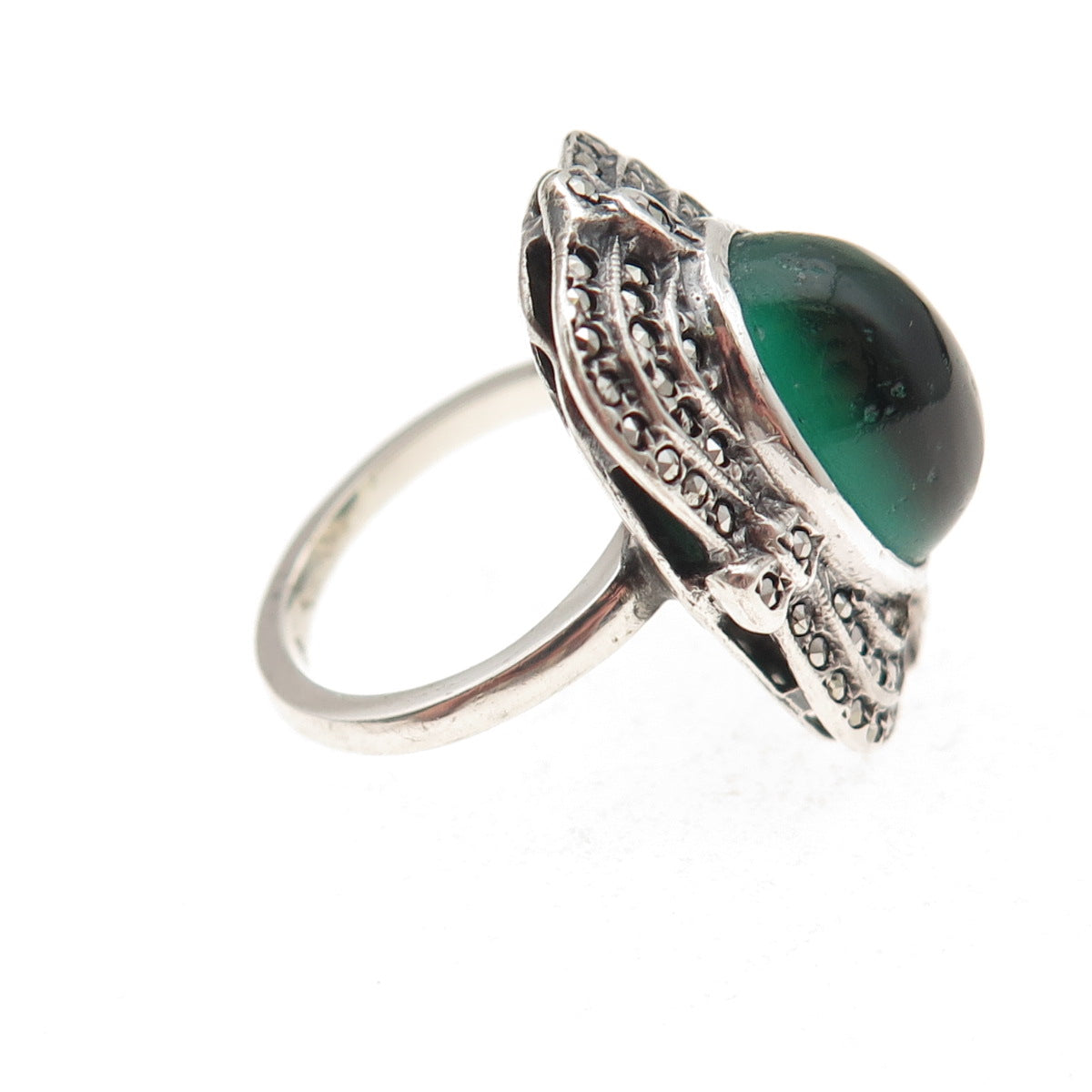 925 Sterling Silver Antique Art Deco Real Marcasite & Green Glass Ring Size 4