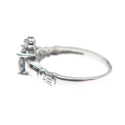 925 Sterling Silver Heart-Cut Mystic Quartz & C Z Irish Claddagh Ring Size 7.5