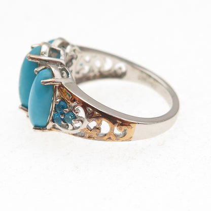 D'Joy 925 Sterling 2-Tone Real Sleeping Beauty Turquoise & Apatite Ring Size 8