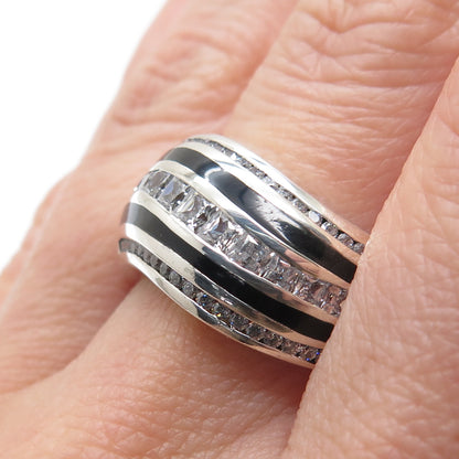 925 Sterling Silver Black Enamel & White C Z Wavy Ring Size 8