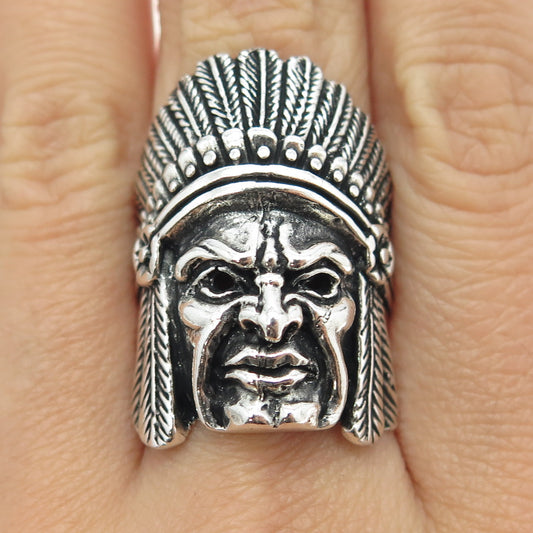 925 Sterling Silver Vintage Indian Chief Tribal Statement Ring Size 8.75