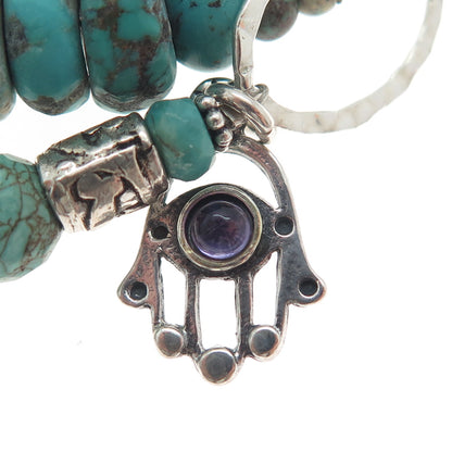925 Sterling Vintage Turquoise Amethyst & Crystal Beaded Hamsa Bracelet 7-8.25"