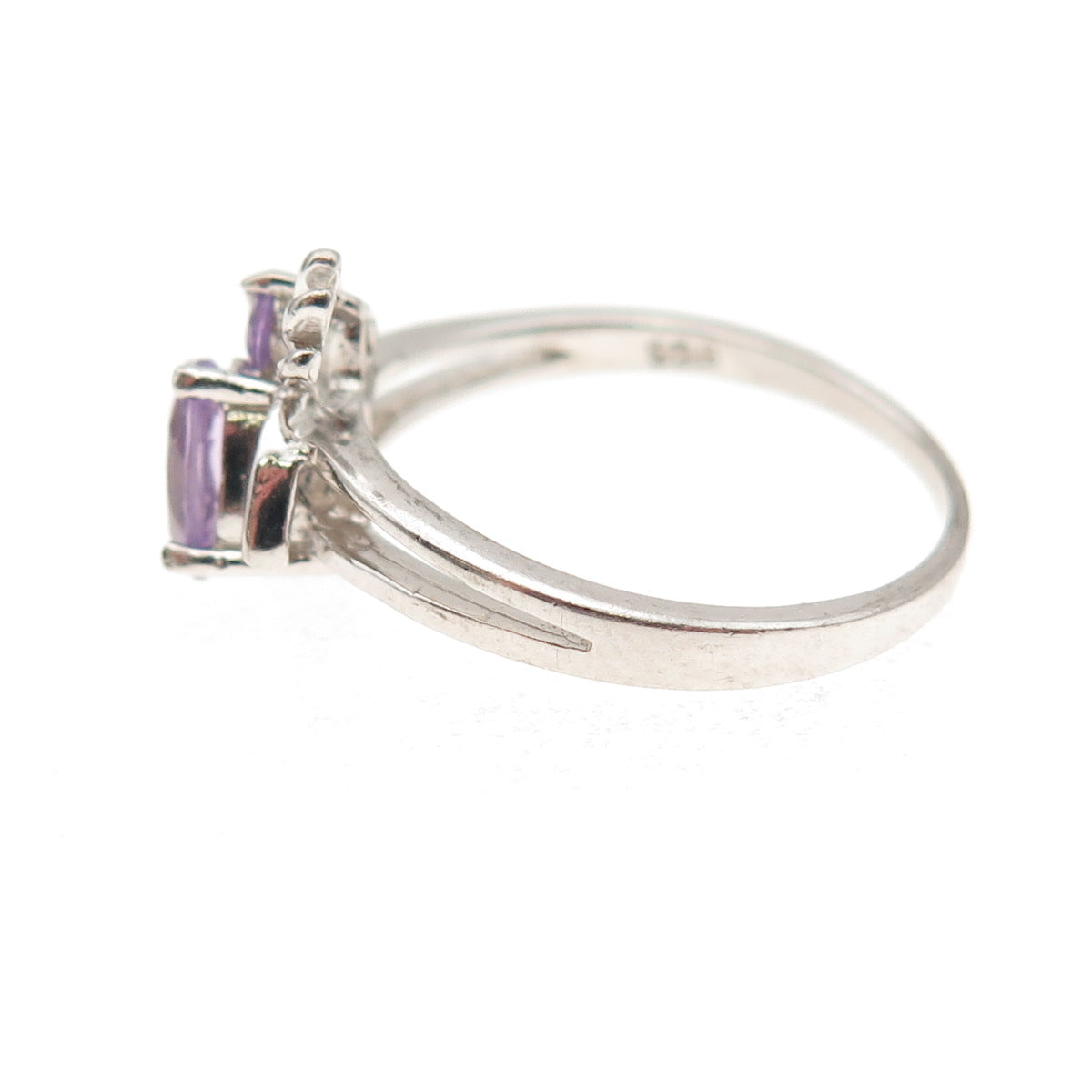 925 Sterling Silver Vintage Real Oval & Round-Cut Amethyst Bee Ring Size 8