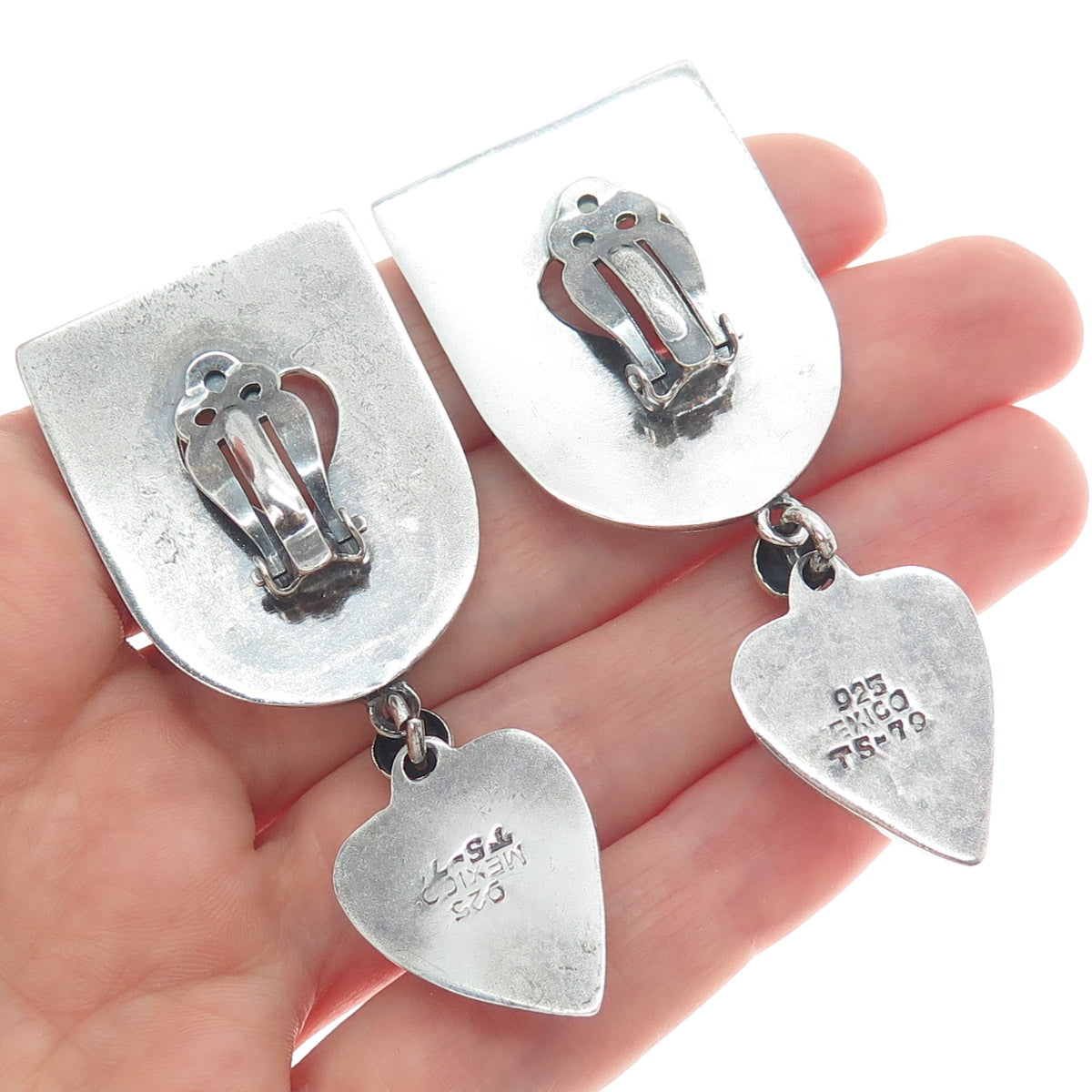 925 Sterling Vintage Mexico Modernist Heart Oxidized Clip On Dangle Earrings
