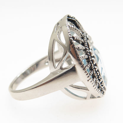 925 Sterling Silver Real Oval-Cut Blue Topaz Sunrise Oxidized Ring Size 7