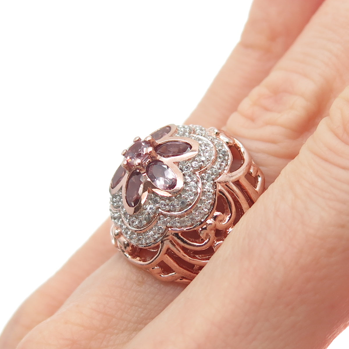 CHUCK CLEMENCY Sterling Silver Rose Gold Plated Amethyst & Topaz Ring Size 5.25