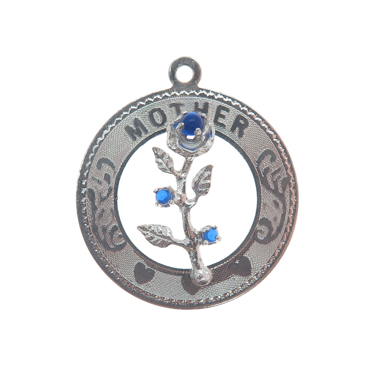 925 Sterling Silver Vintage M&M Blue Rhinestone Mother Rose Charm Pendant