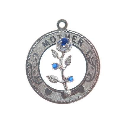925 Sterling Silver Vintage M&M Blue Rhinestone Mother Rose Charm Pendant